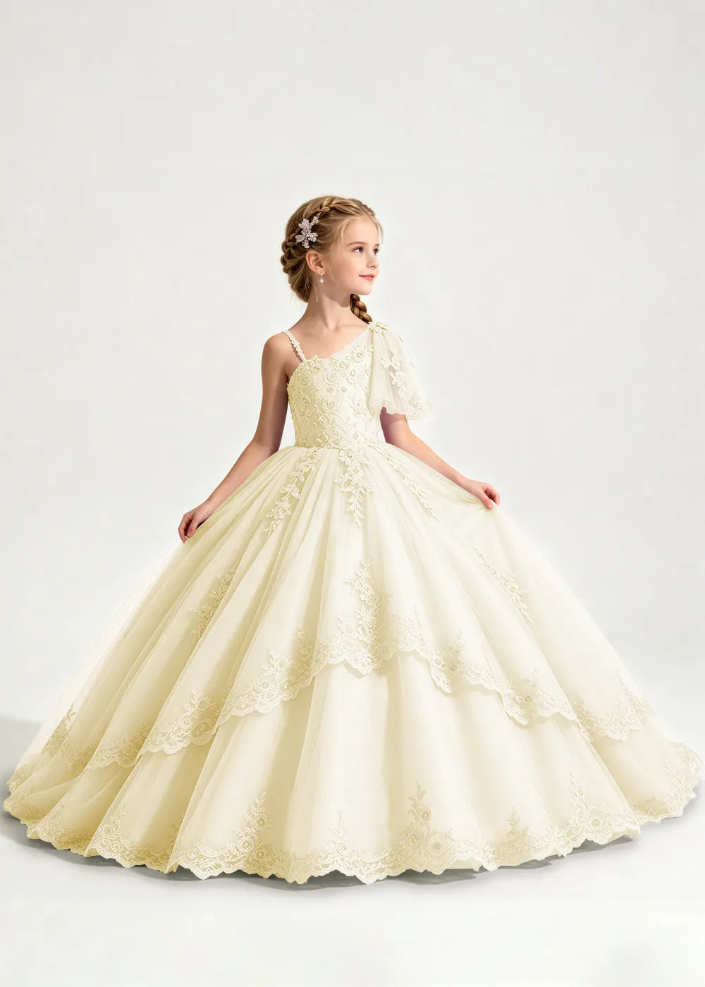 One-Shoulder Floral Lace Princess Dress for Girls