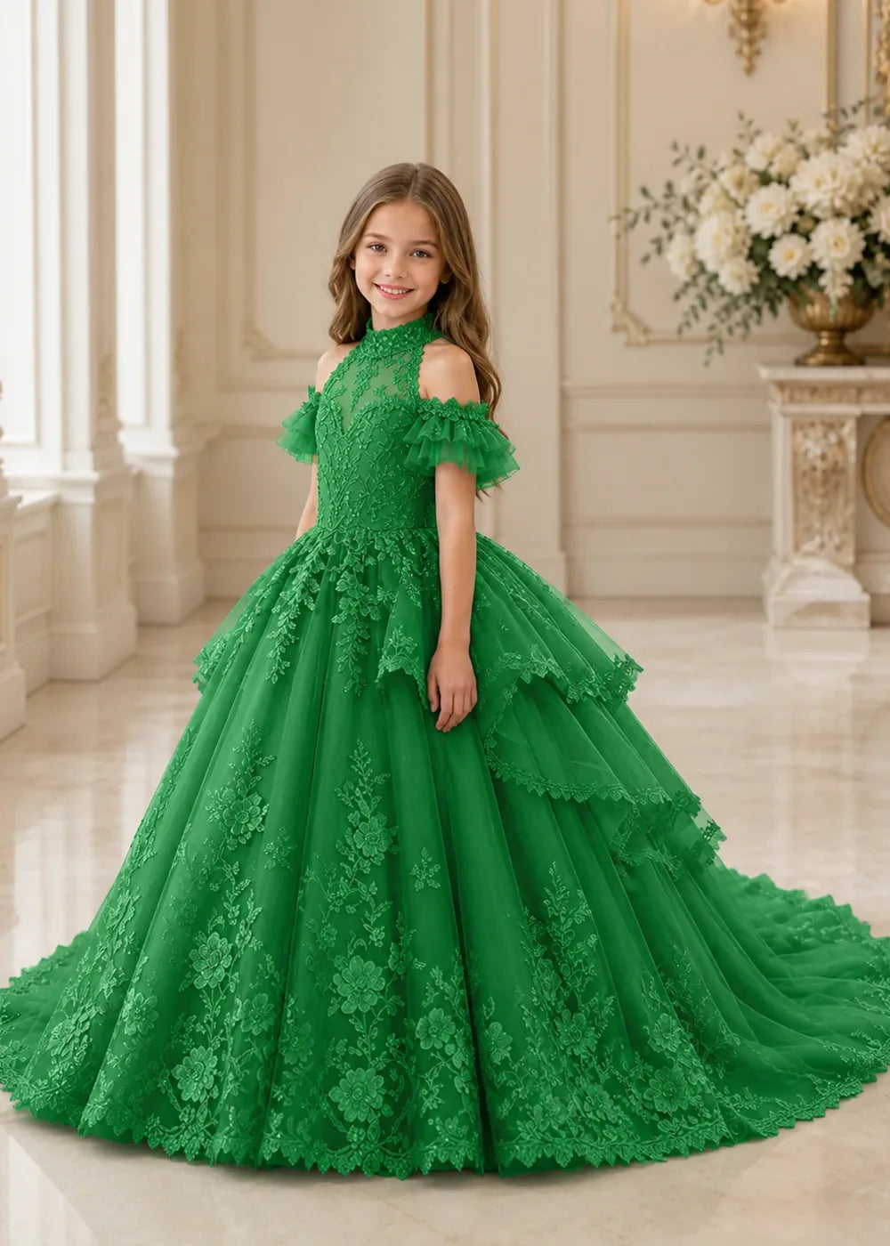 Illusion Neck Peplum Lace Princess Dress for Girls