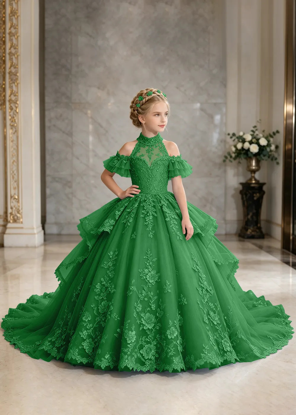 Illusion Neck Peplum Lace Princess Dress for Girls