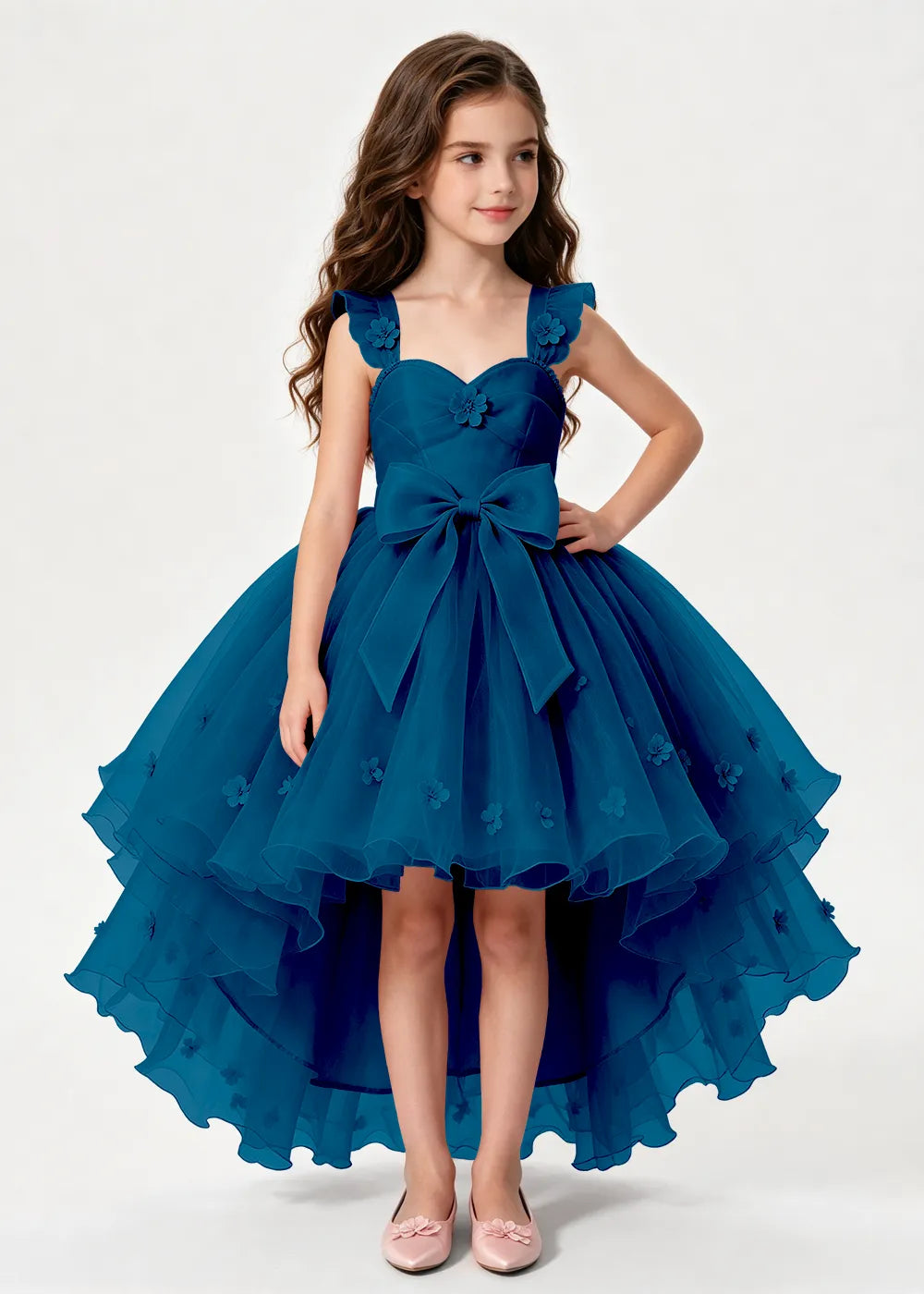 Navy High-Low Flower Girl Gown with Large Front Bow