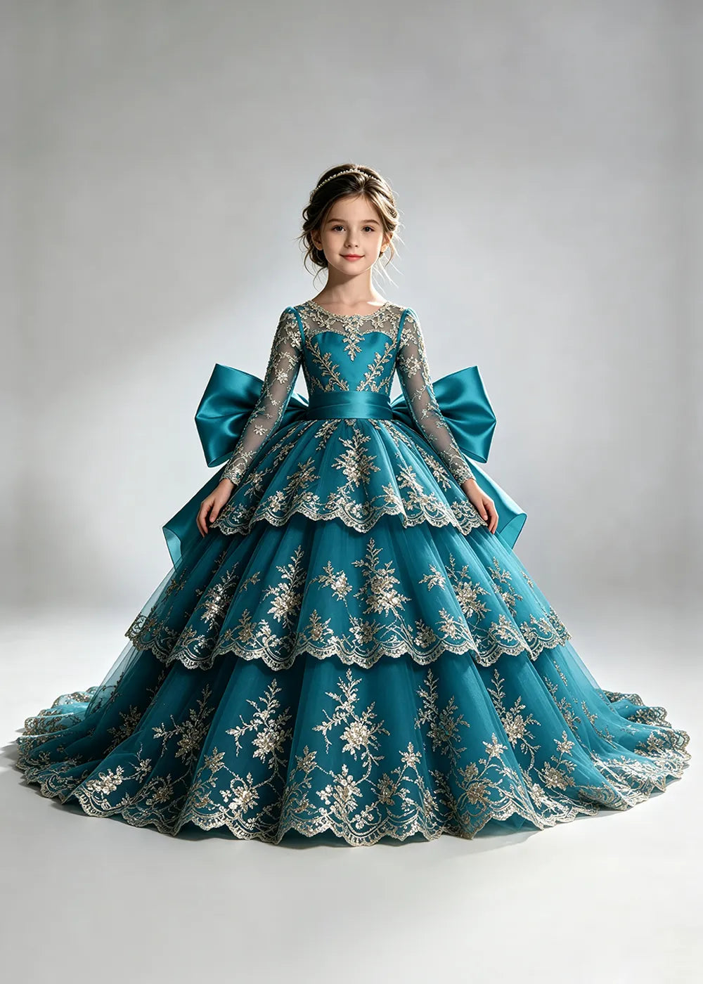 Long Sleeve Lace Flower Girl Dress with Sash Bow and Tiered Skirt