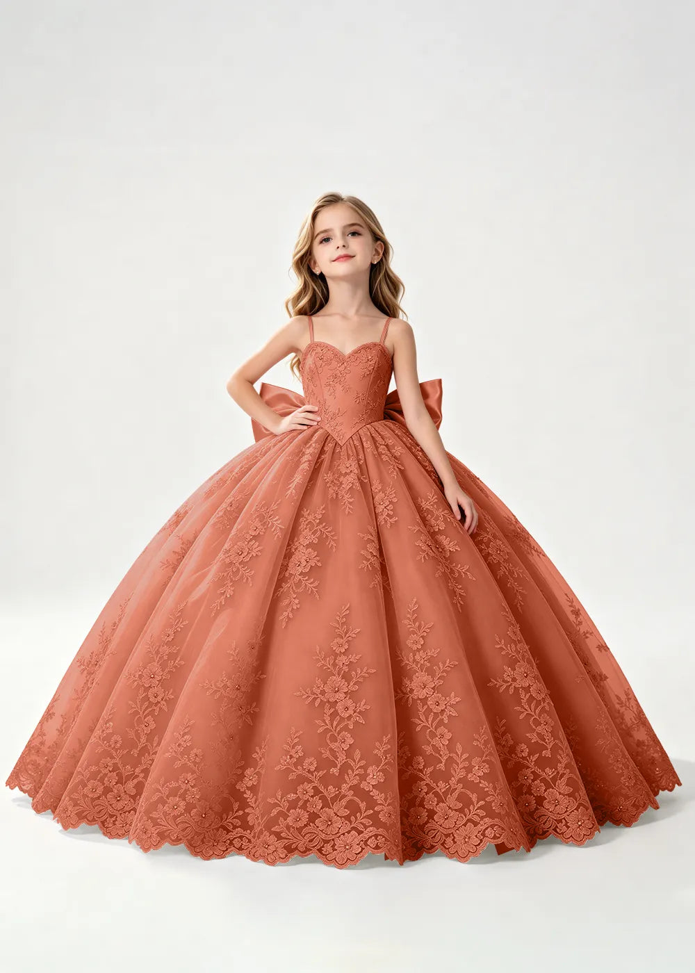Flower girl dress in Terracotta, front view.