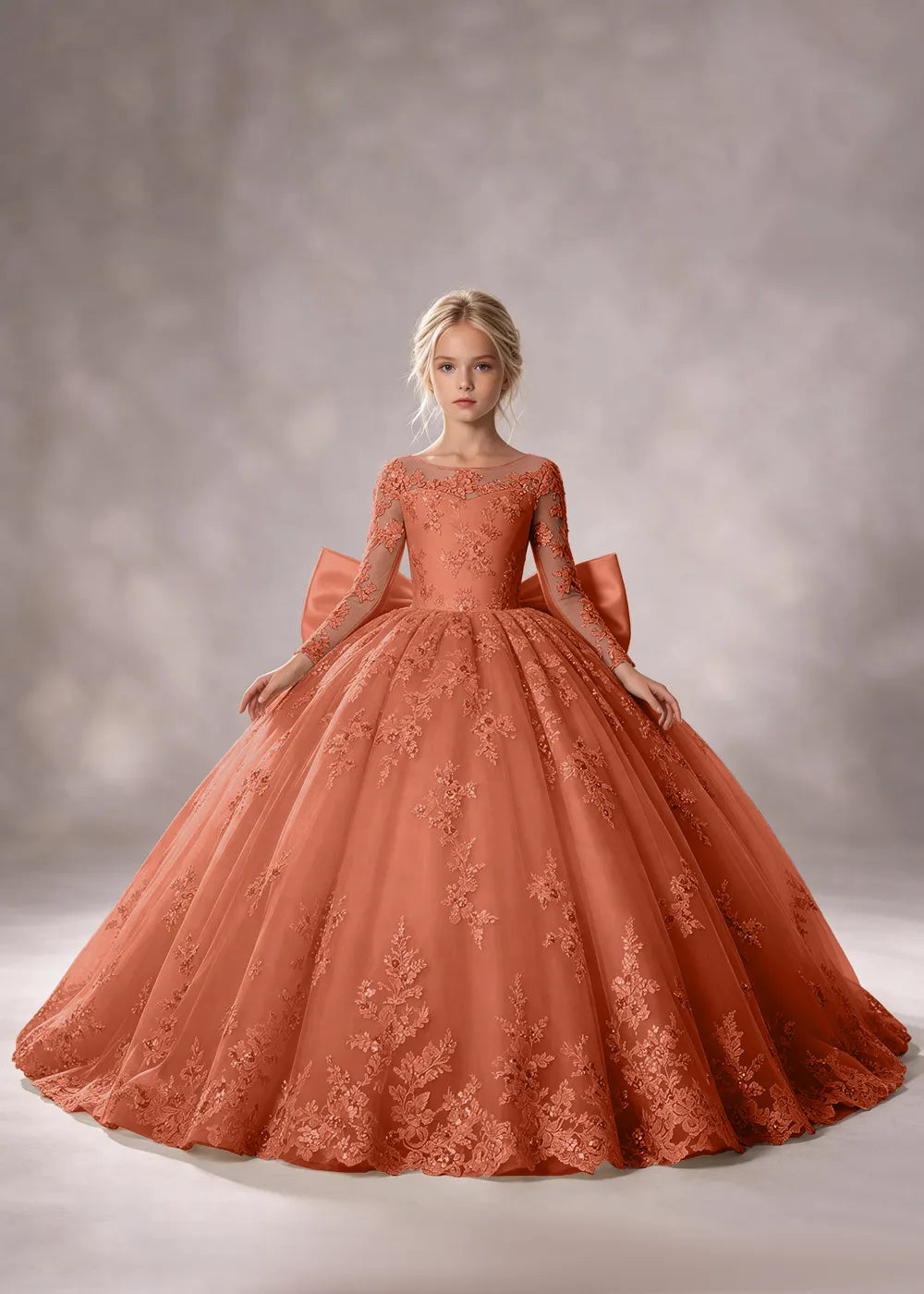 Flower girl dress in Terracotta, front view.