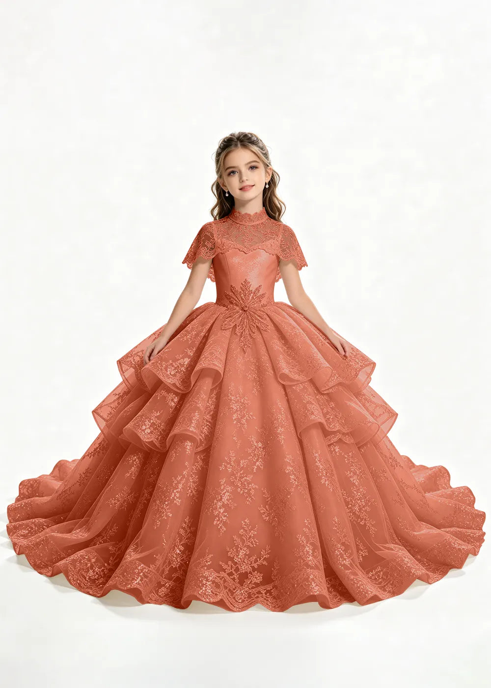 Flower girl dress in Terracotta, front view.