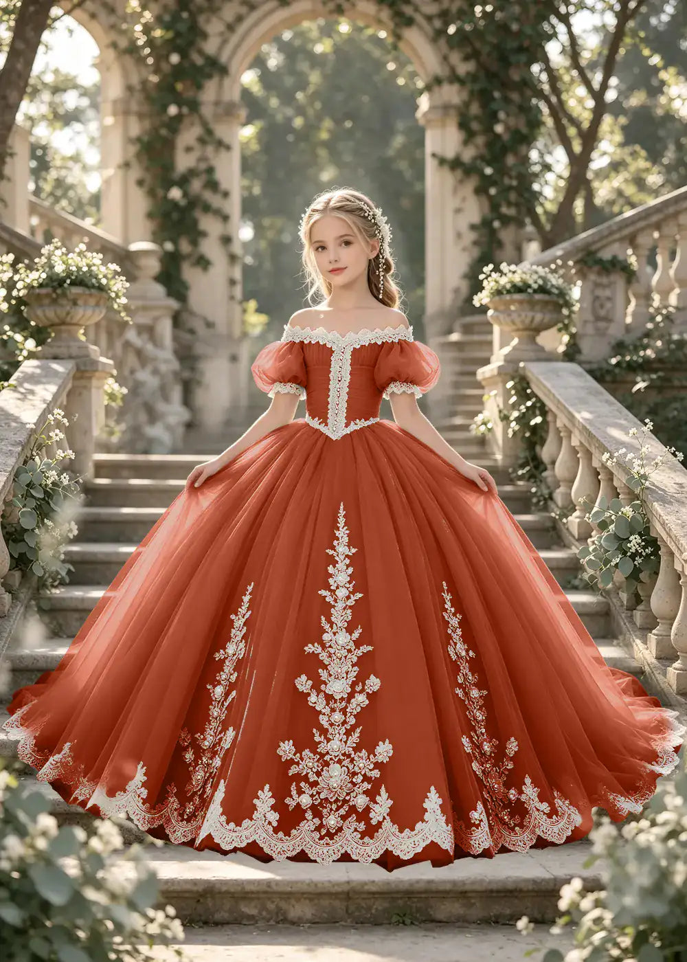 Flower girl dress in Terracotta, front view.