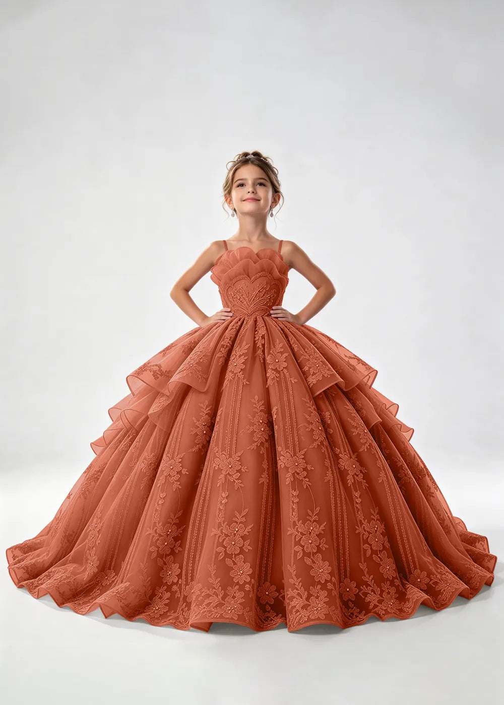 Flower girl dress in Terracotta, front view.