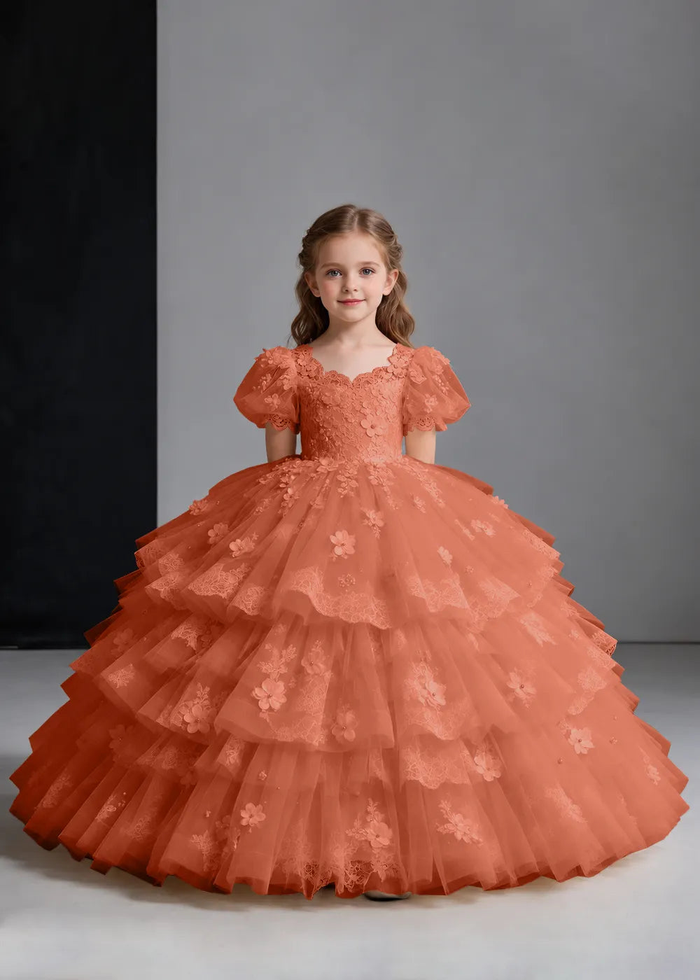 Flower girl dress in Terracotta, front view.