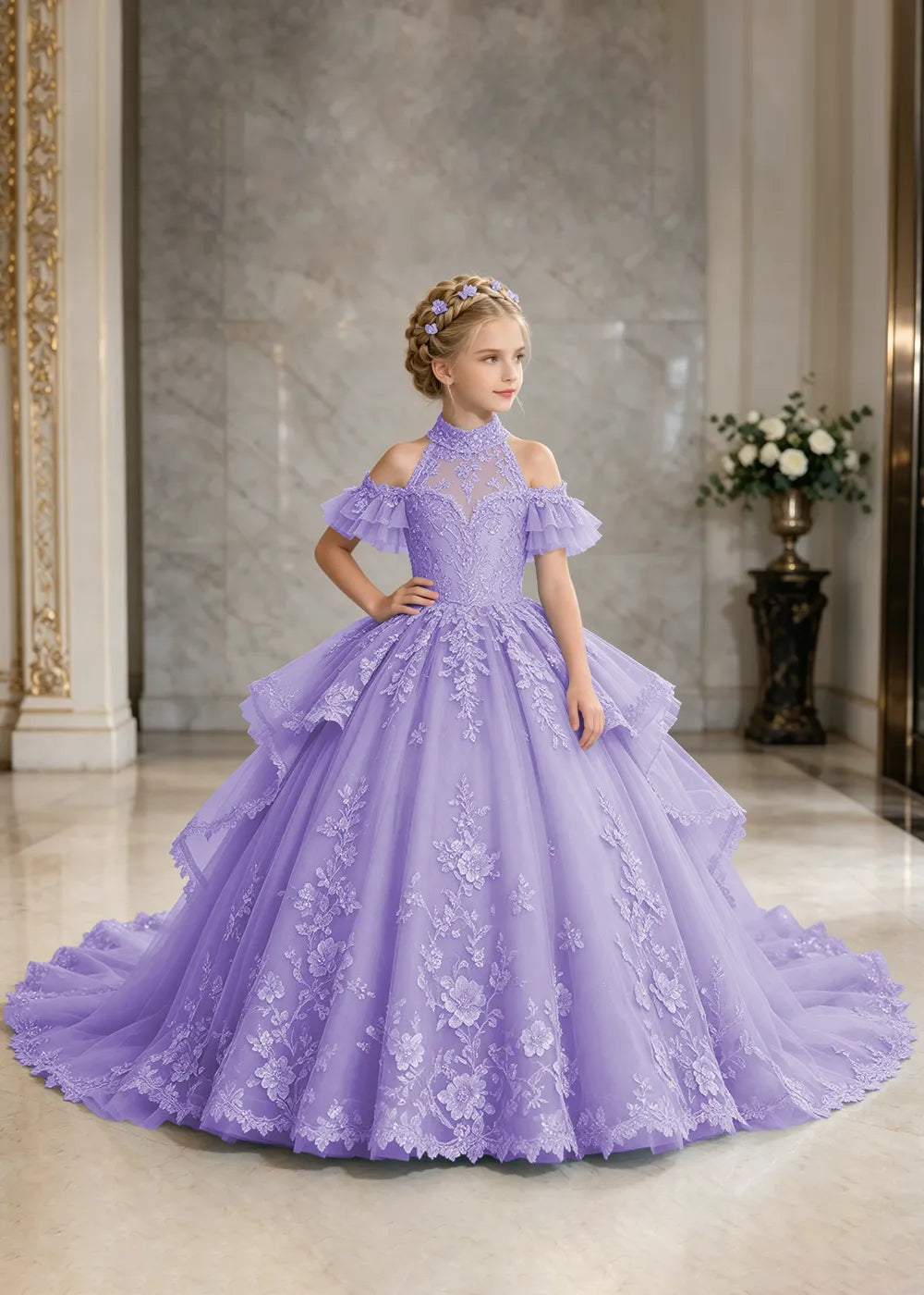 Illusion Neck Peplum Lace Flower Girl Ball Gown Dress