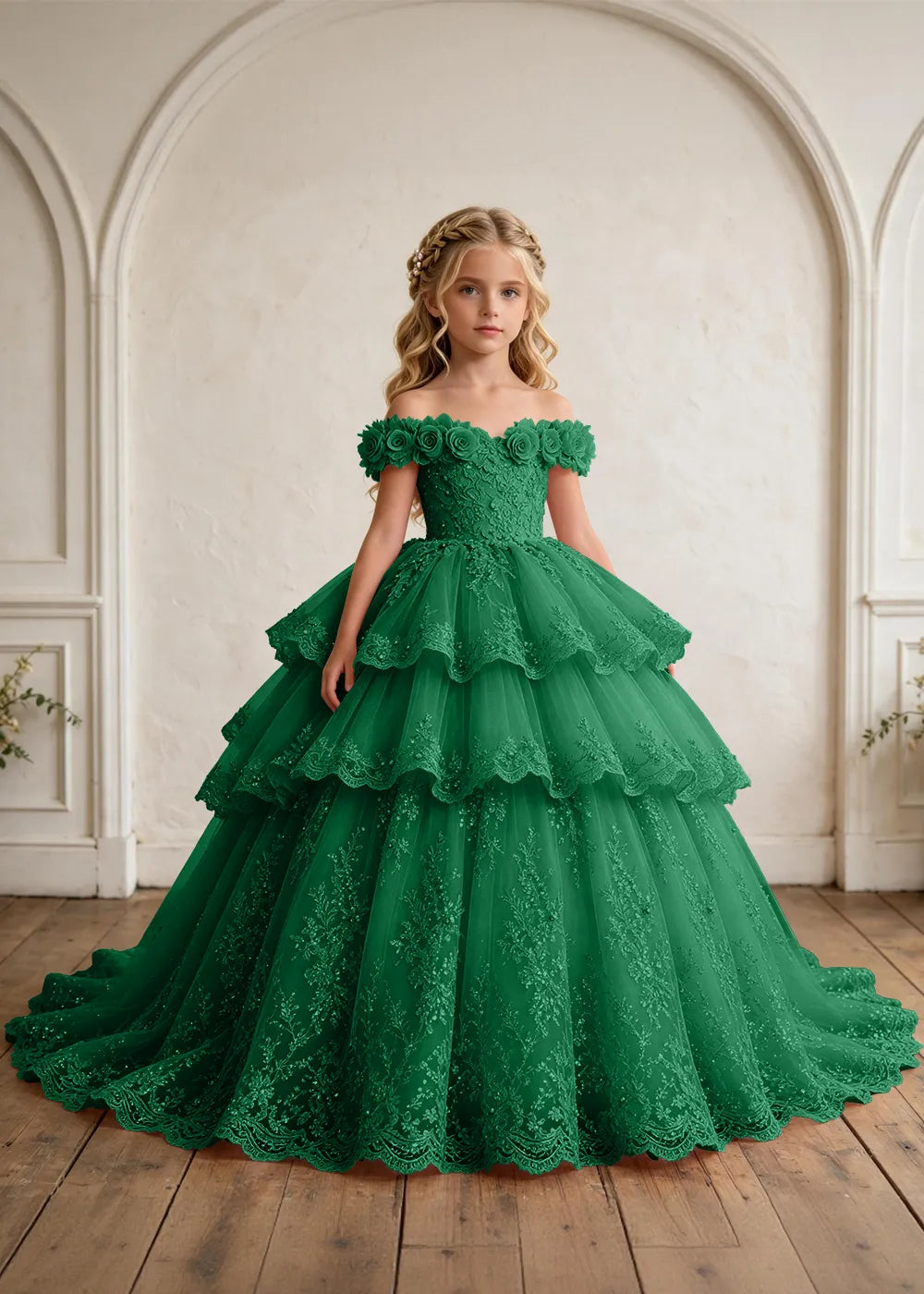 Off Shoulder Floral Lace Princess Ball Gown for Girls