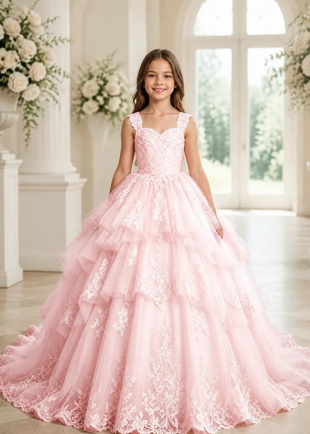 Tiered Lace Sleeveless Princess Dress for Girls