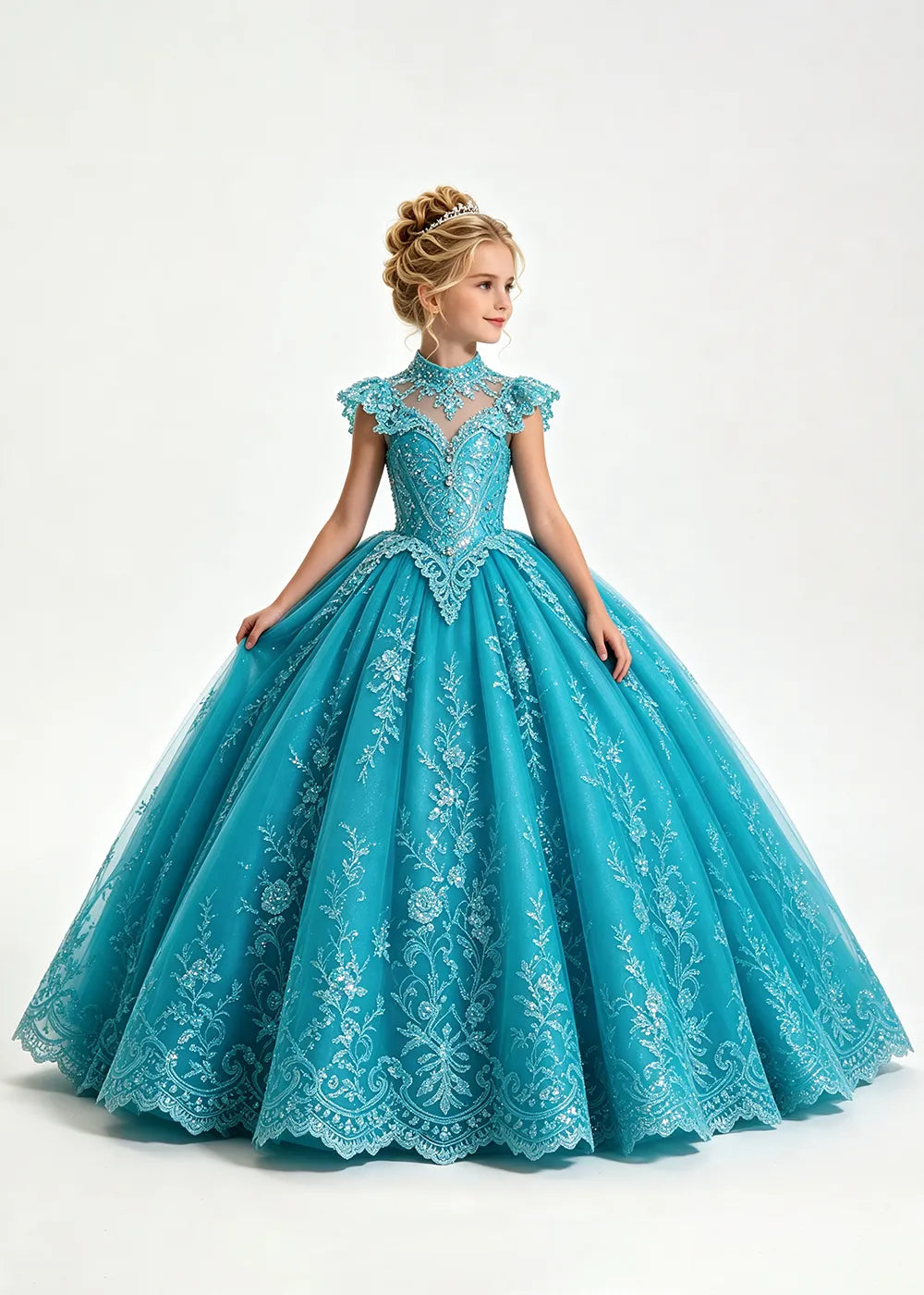 Navy Flower Girl Ball Gown with High Floral Collar