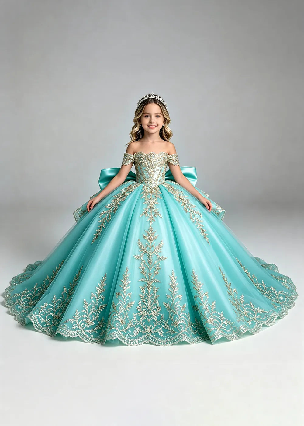 Off-Shoulder Lace Flower Girl Dress with Bow and Scalloped Hem