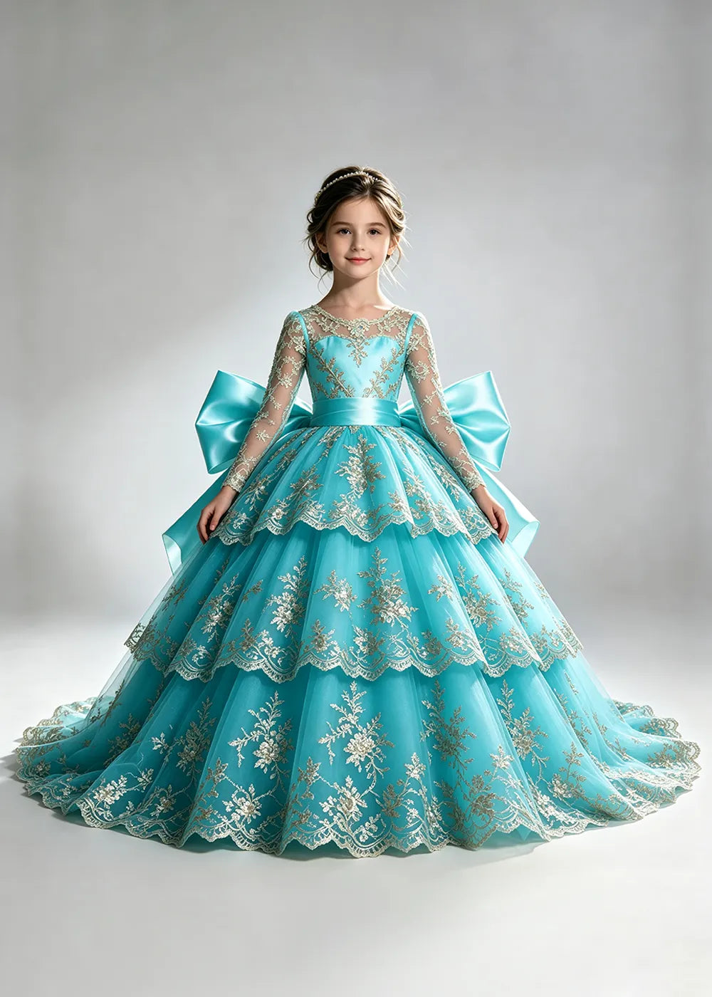 Long Sleeve Lace Flower Girl Dress with Sash Bow and Tiered Skirt