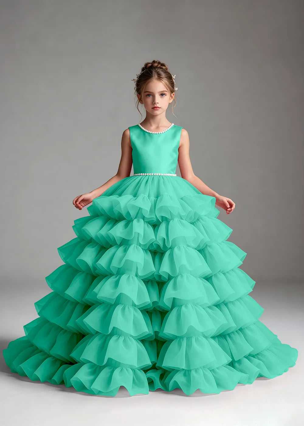 Royal Blue Pearl-Trimmed Tiered Ruffle Flower Girl Dress