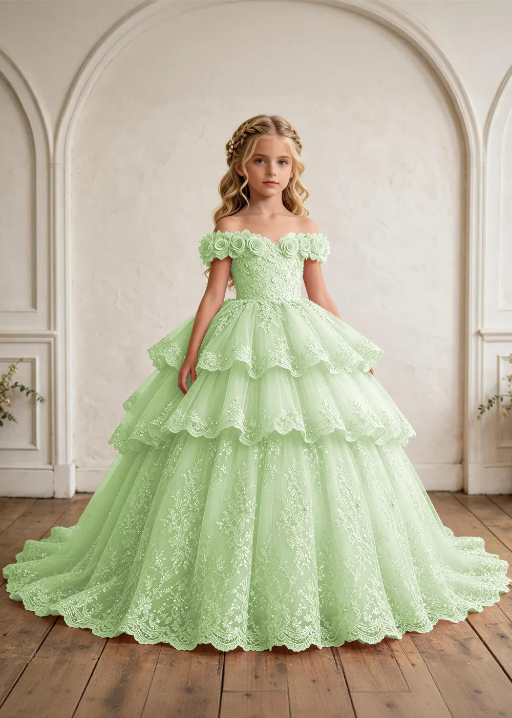 Off Shoulder Floral Lace Princess Ball Gown for Girls