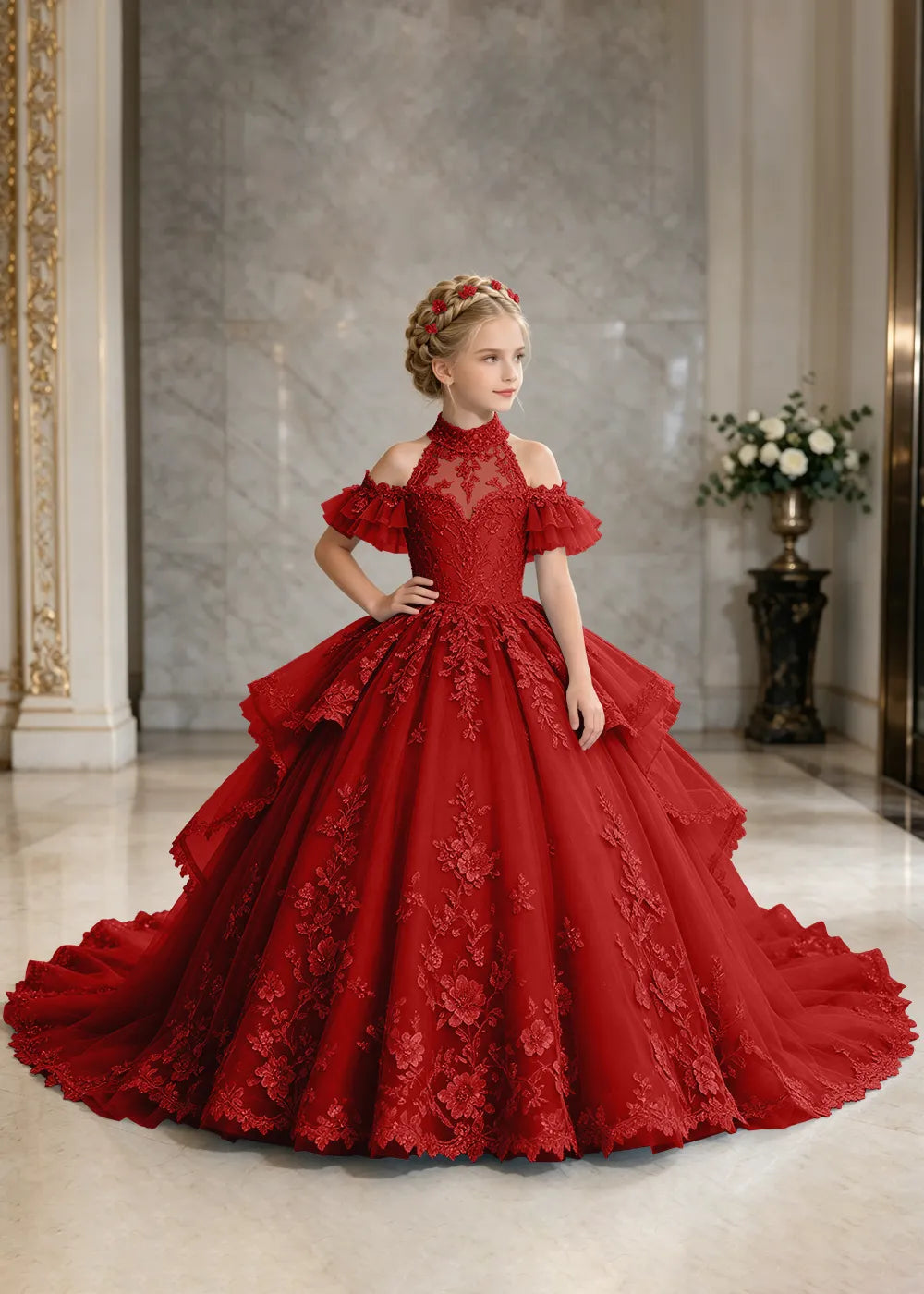 Illusion Neck Peplum Lace Princess Dress for Girls
