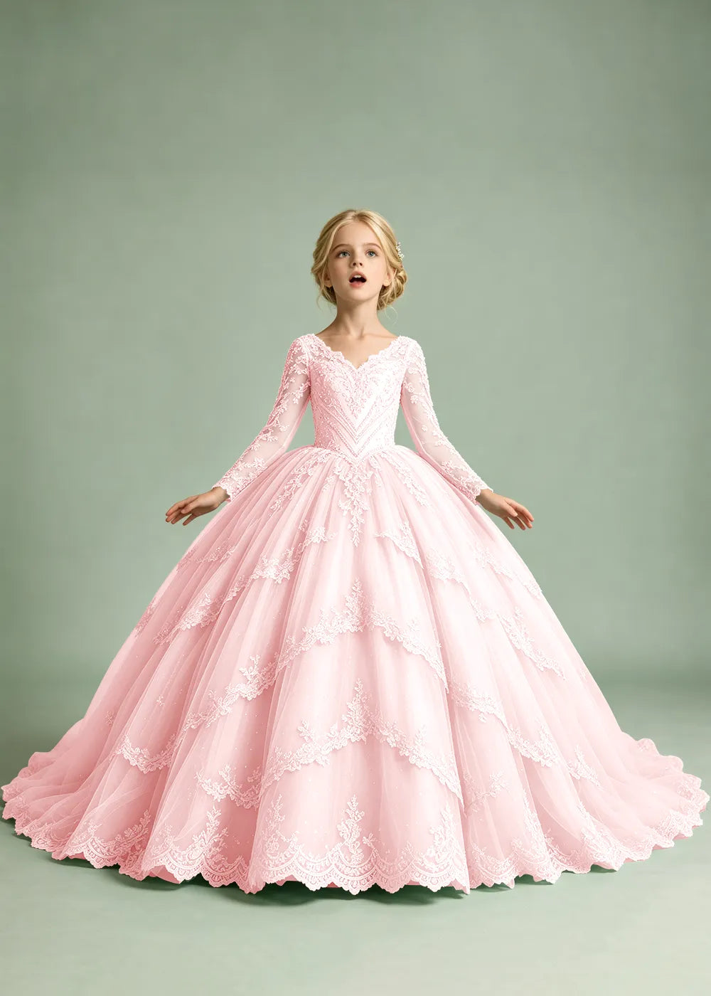 Long Sleeve Floral Lace Princess Dress for Girls