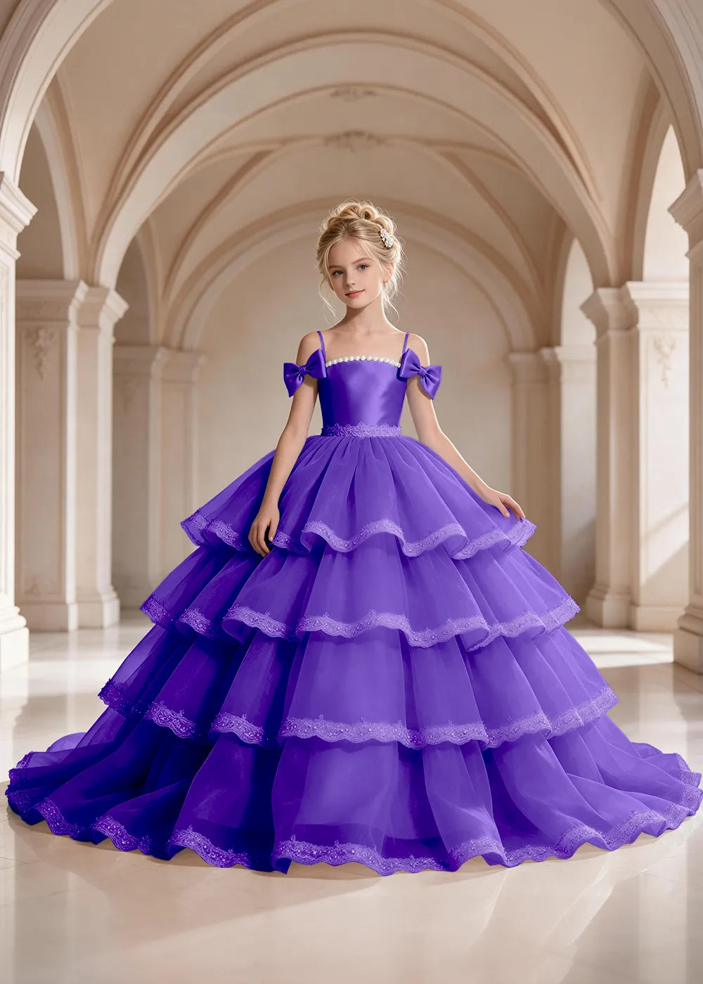 Navy Blue Four-Tier Bow-Shoulder Flower Girl Dress