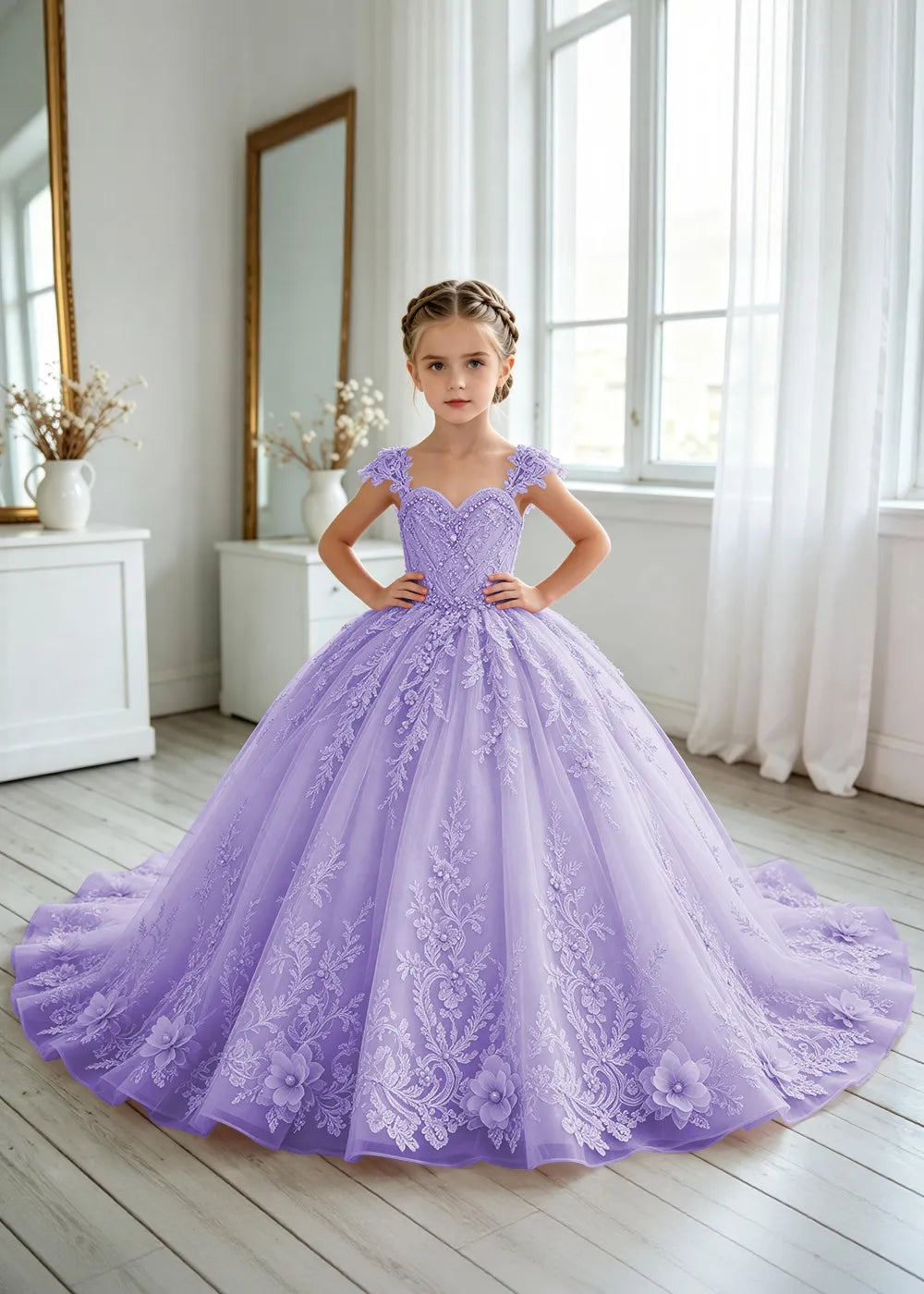 Floral V-Neck Lace Princess Dress for Girls