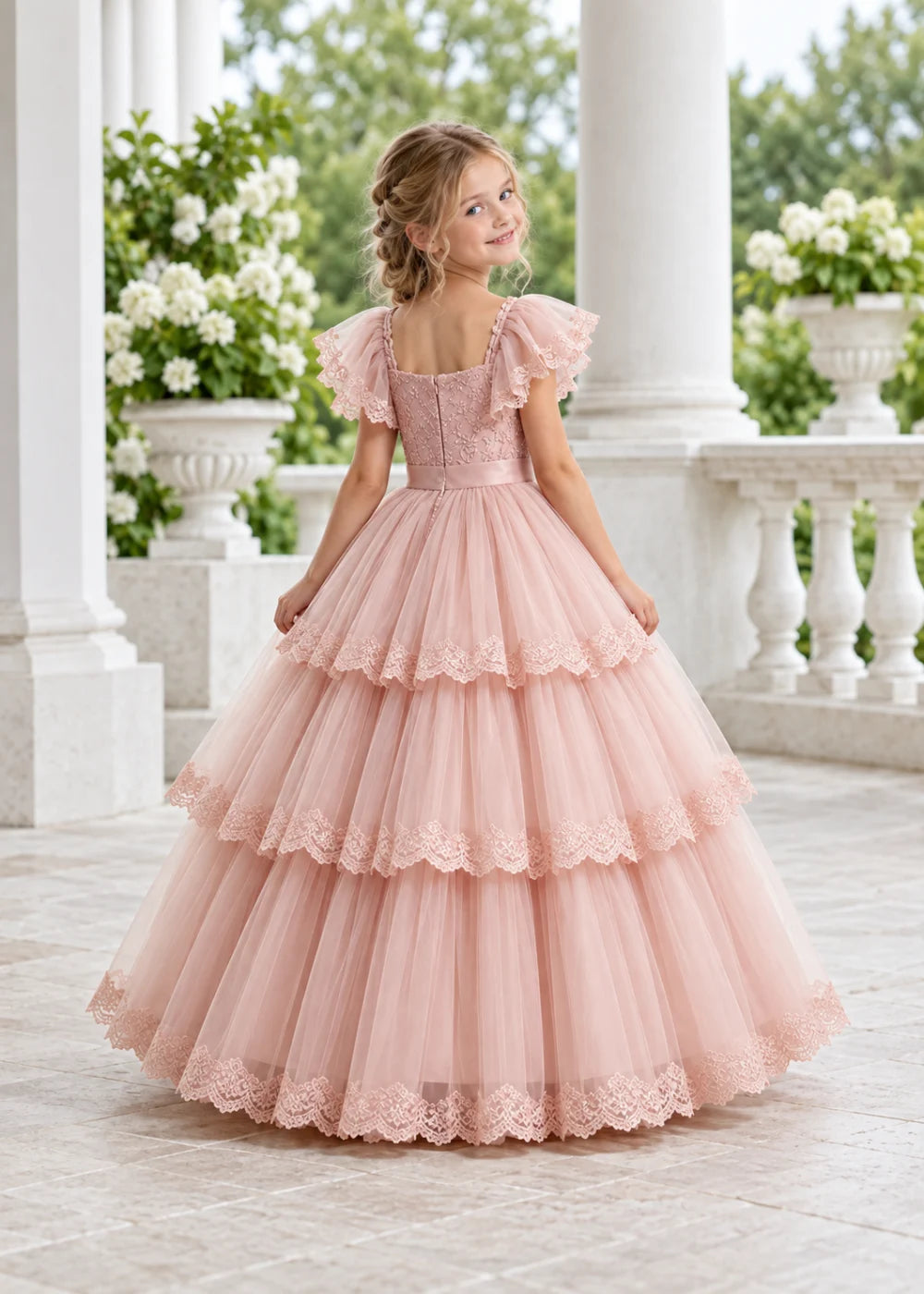 Warm Blush Pink Flower Girl Ball Gown with Three Lace-Edged Tiers