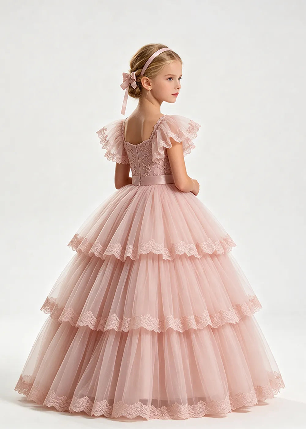 Warm Blush Pink Flower Girl Ball Gown with Three Lace-Edged Tiers