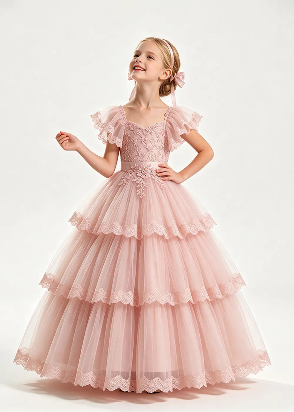 Warm Blush Pink Flower Girl Ball Gown with Three Lace-Edged Tiers