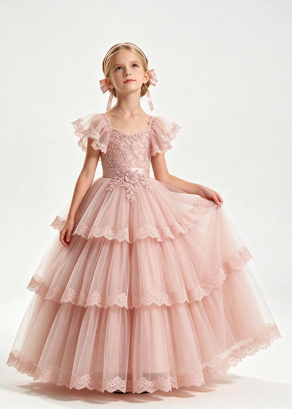 Warm Blush Pink Flower Girl Ball Gown with Three Lace-Edged Tiers