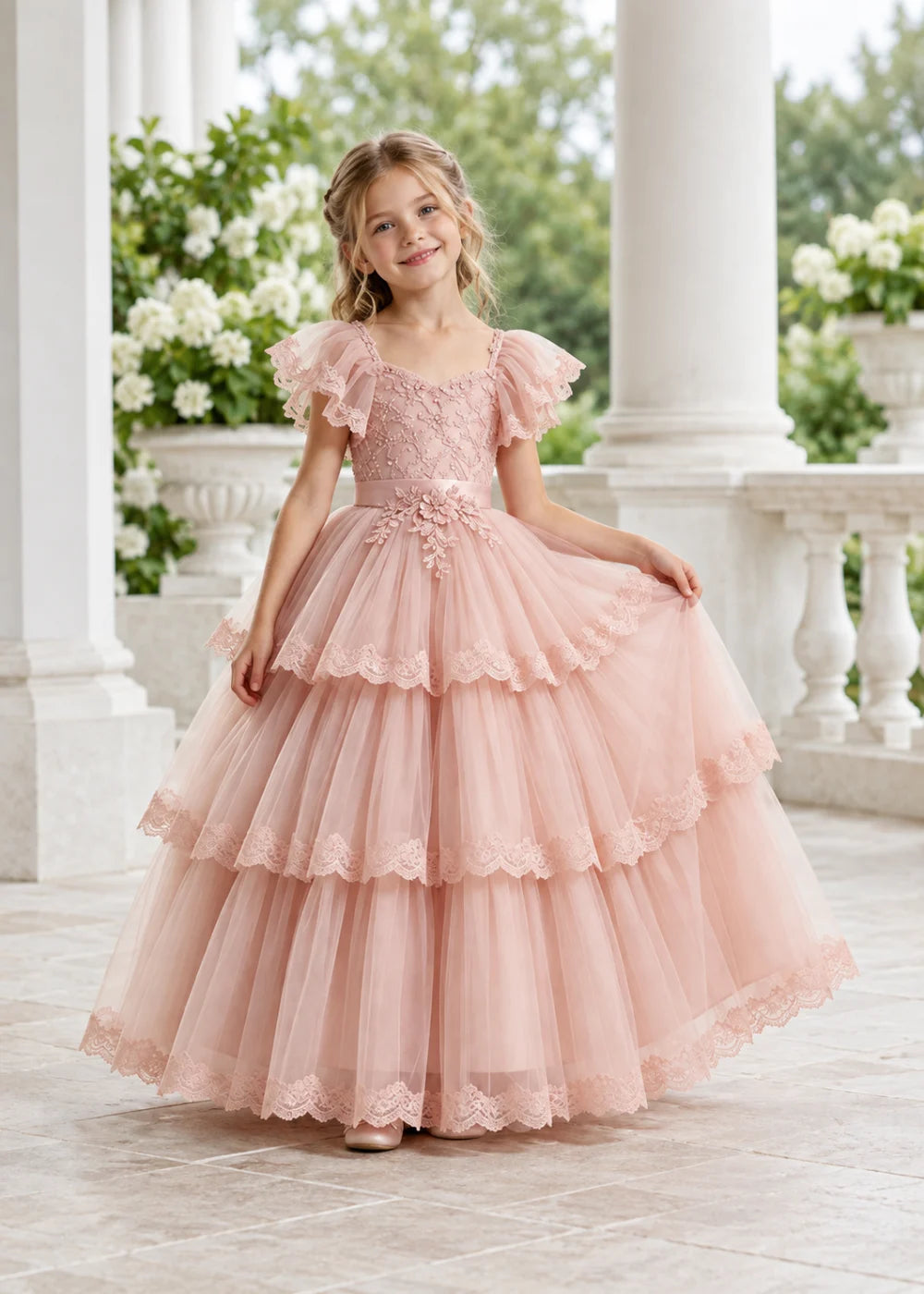 Warm Blush Pink Flower Girl Ball Gown with Three Lace-Edged Tiers
