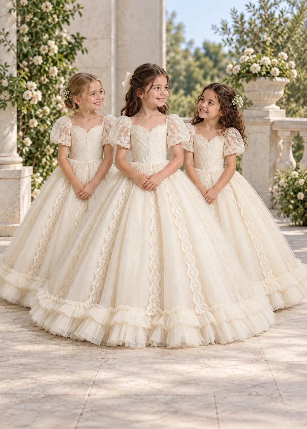 Warm Ivory Flower Girl Gown with Puff Sleeves and Ruffled Hem