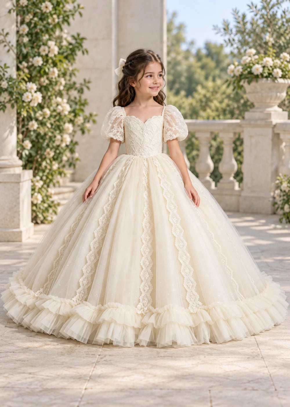 Warm Ivory Flower Girl Gown with Puff Sleeves and Ruffled Hem