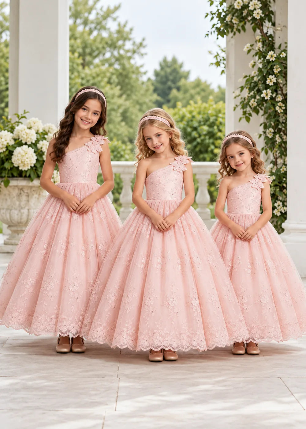 Warm Pale Blush One-Shoulder Flower Girl Gown with Scalloped Lace
