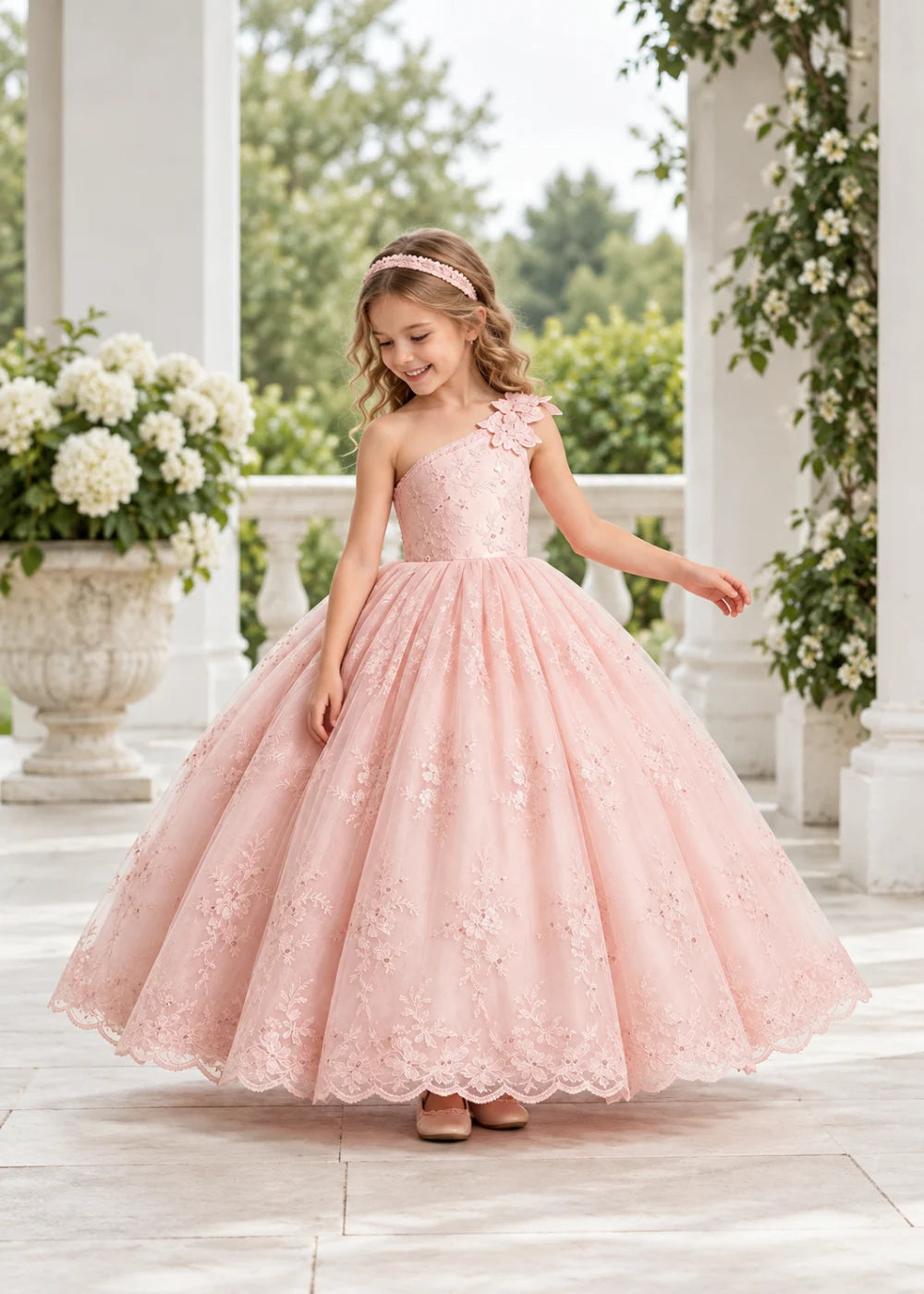 Warm Pale Blush One-Shoulder Flower Girl Gown with Scalloped Lace