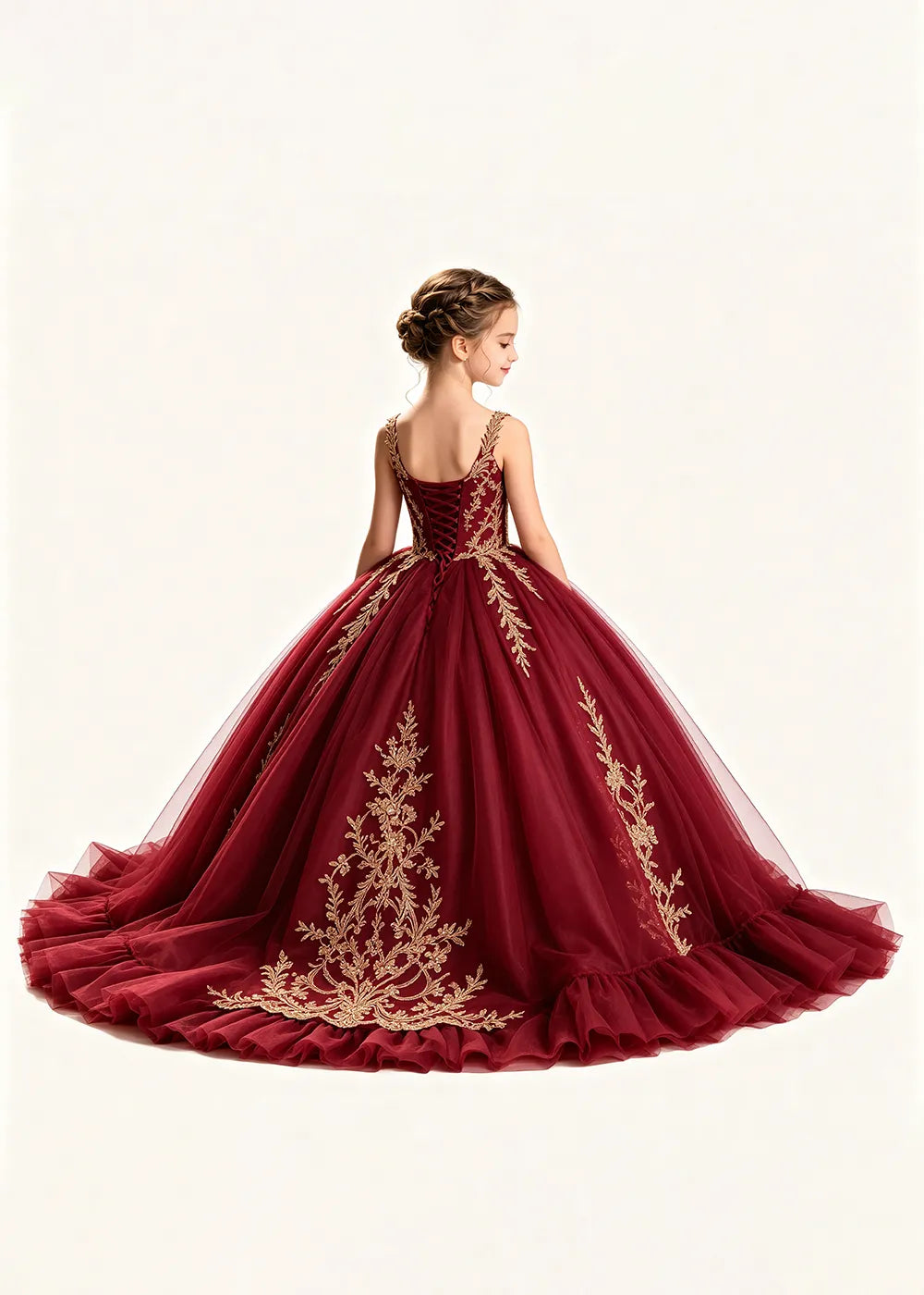 Gold Appliqué V-Neck Flower Girl Ball Gown Dress