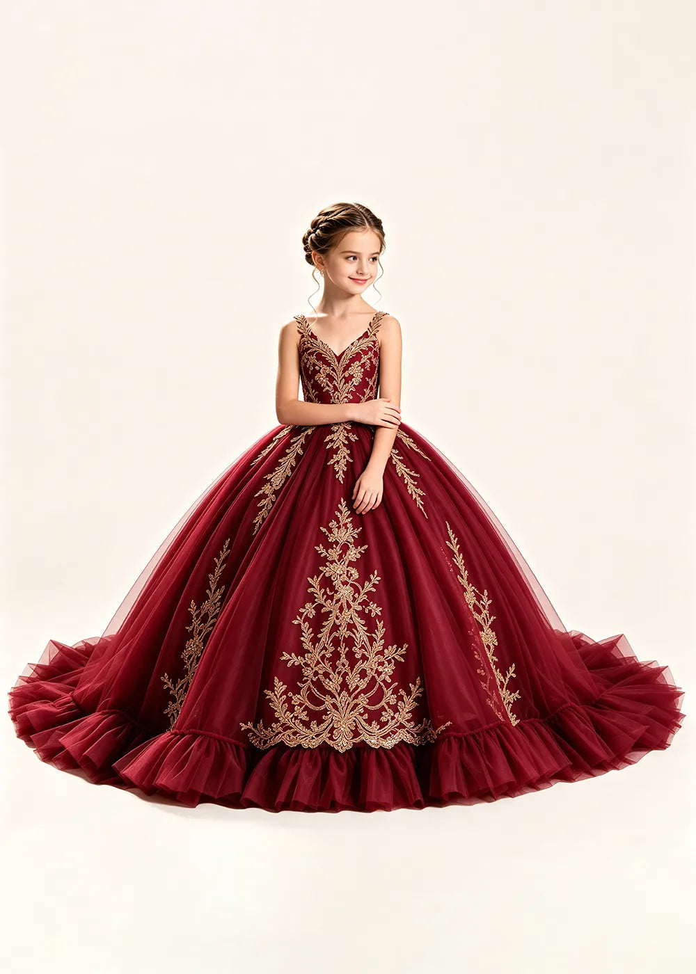 Gold Appliqué V-Neck Flower Girl Ball Gown Dress