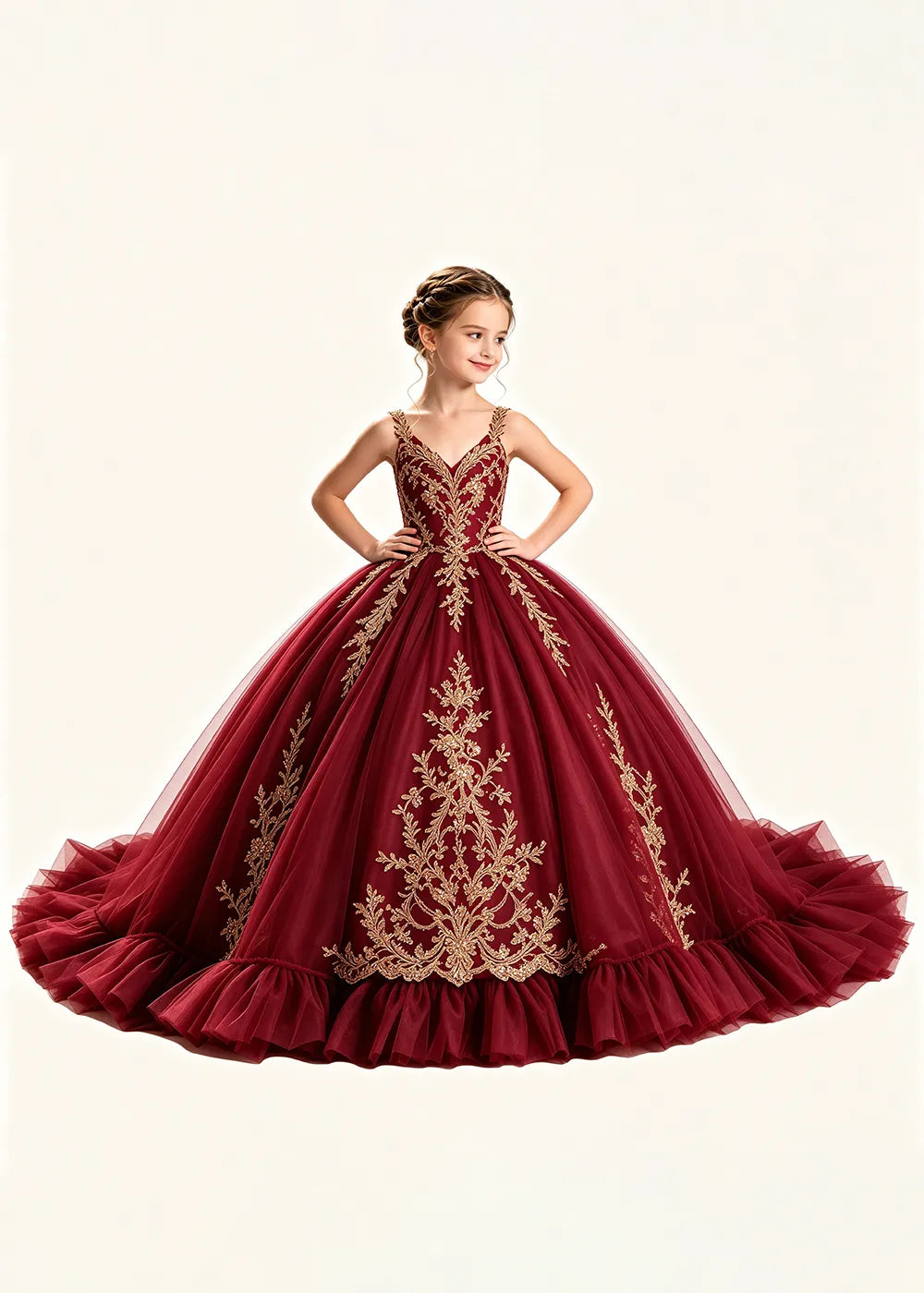 Gold Appliqué V-Neck Flower Girl Ball Gown Dress