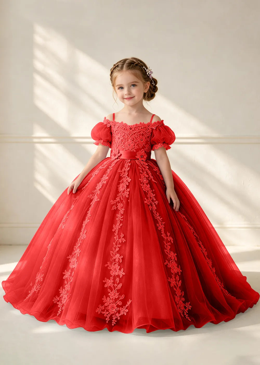 Puff Sleeve Floral Lace Princess Dress for Girls