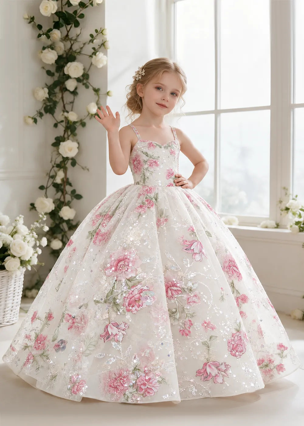 White Floral Sequin Flower Girl Dress with a Full Skirt