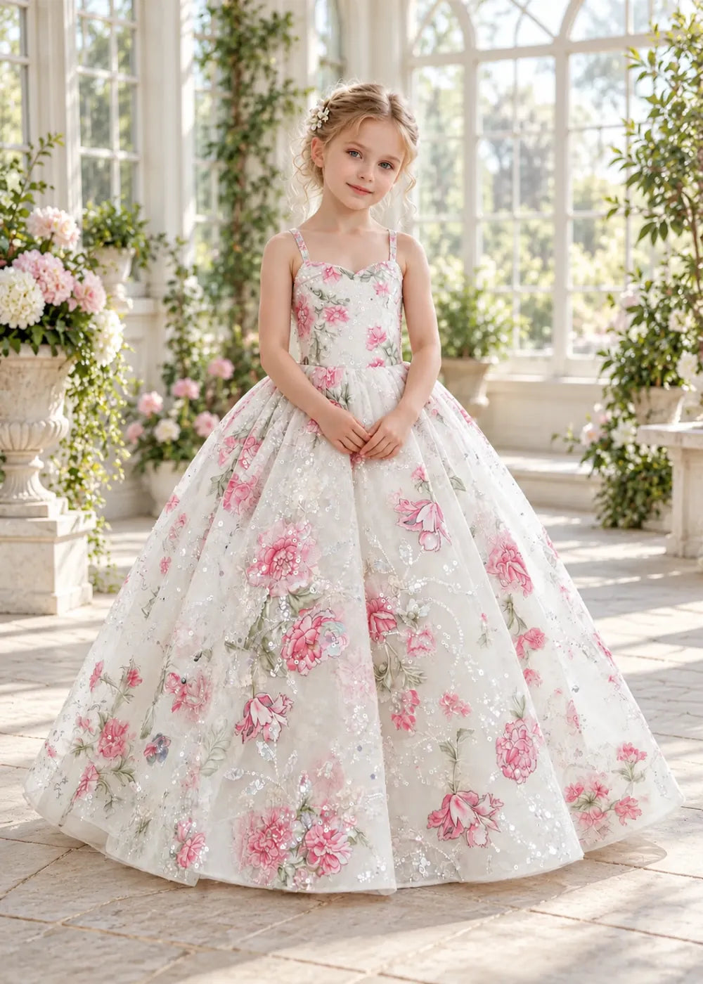 White Floral Sequin Flower Girl Dress with a Full Skirt