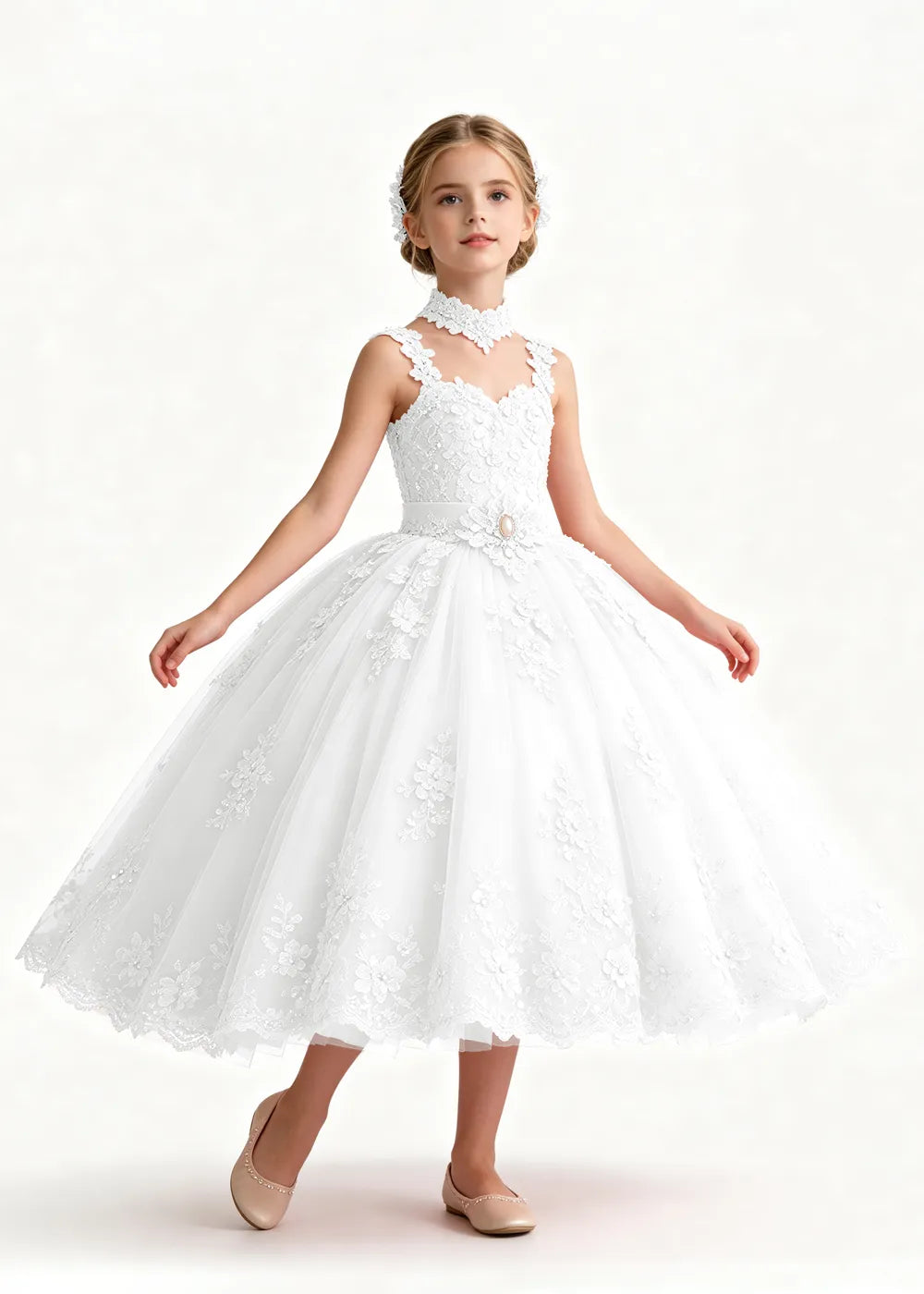 Pink Tea-Length Flower Girl Dress with Floral Neck Band