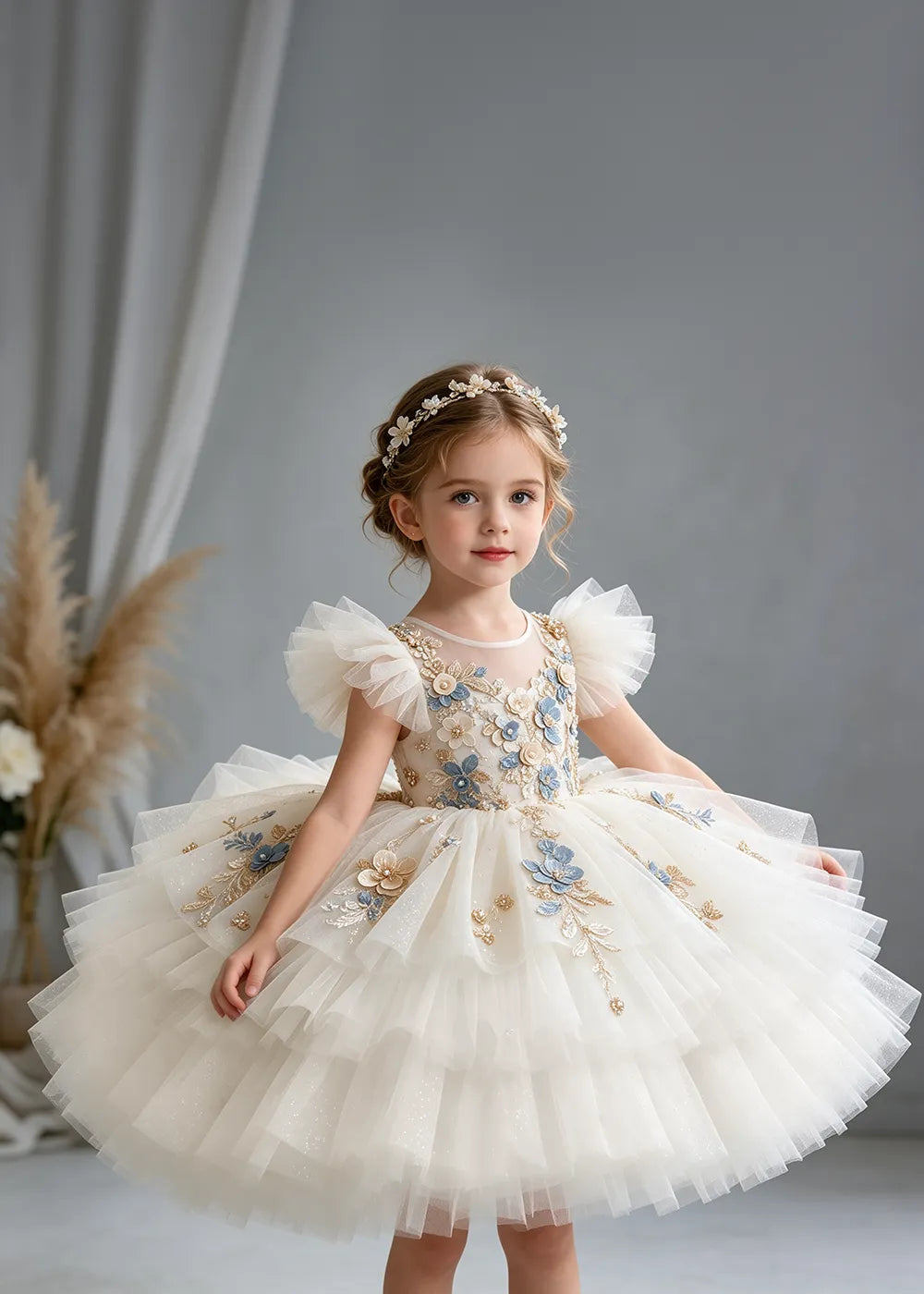 Flower girl dress in White, front view.