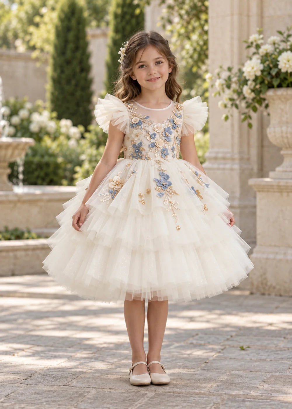 Flower girl dress in White, front view.