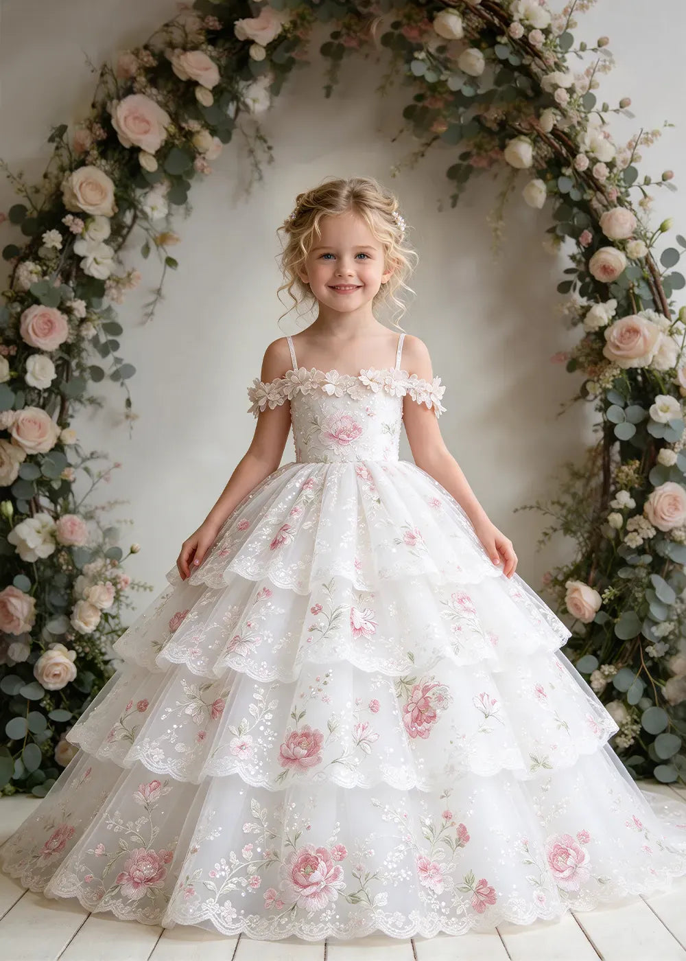 White Floral Flower Girl Dress with Four Scalloped Tiers