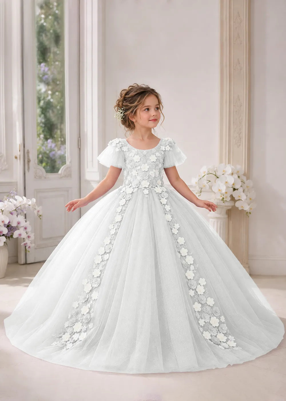 Front view of a child wearing a white flower girl dress with a round neckline, sheer flutter cap sleeves and a floral vine cascading down both sides of a full tulle skirt.
