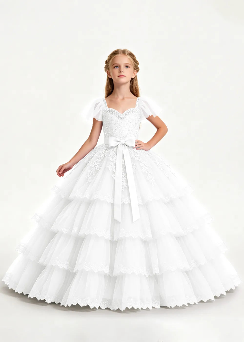 Pale Lavender Four-Tier Flower Girl Gown with Front Bow
