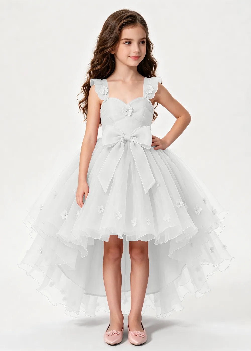 Dusty Rose High-Low Flower Girl Dress with Large Front Bow