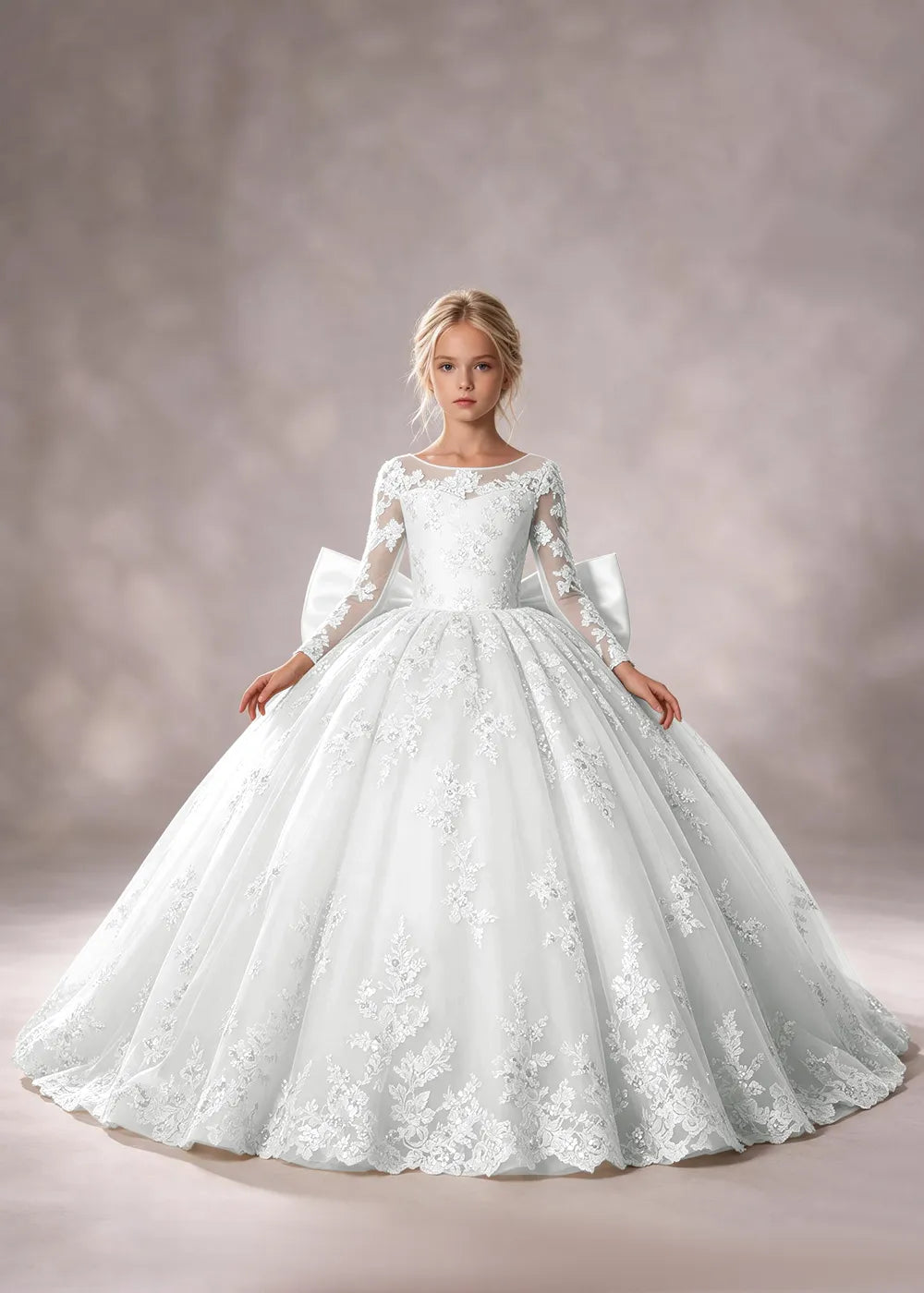 Flower girl dress in White, front view.