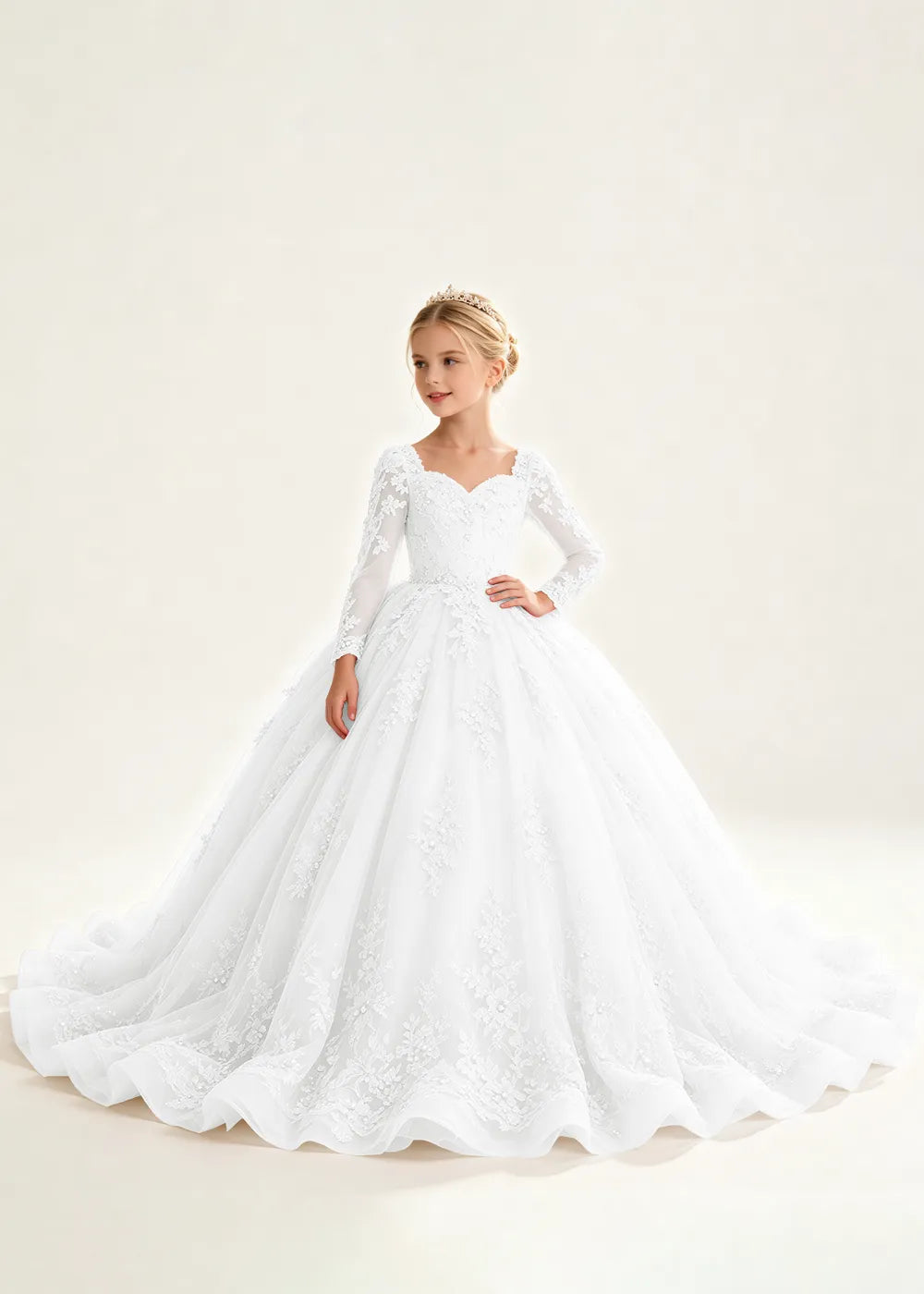 Flower Girl Dress with Long Lace Sleeves and Train