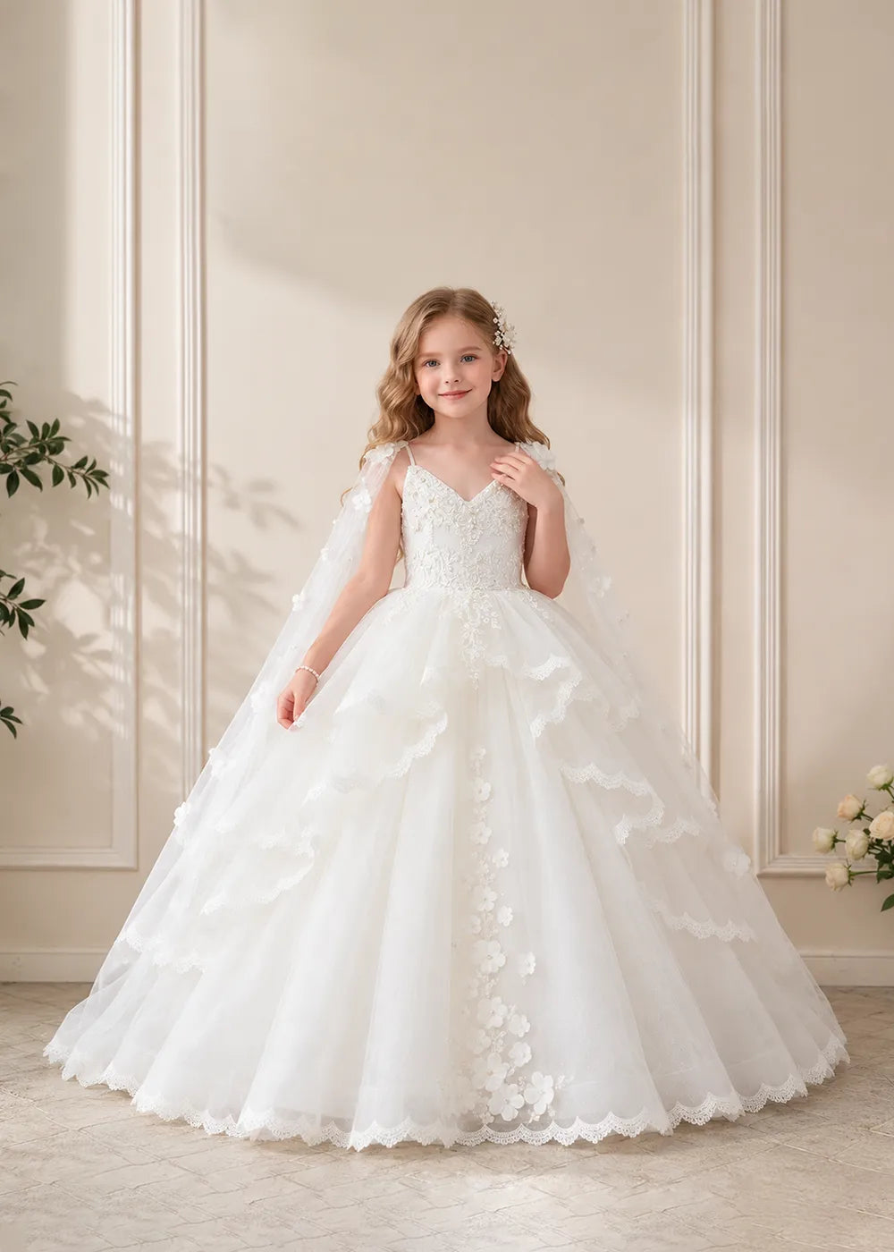 White Flower Girl Dress with Lace Ruffles and Sheer Shoulder Drapes