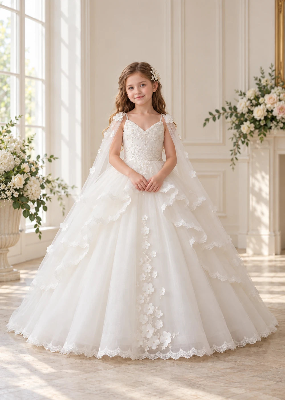 White Flower Girl Dress with Lace Ruffles and Sheer Shoulder Drapes