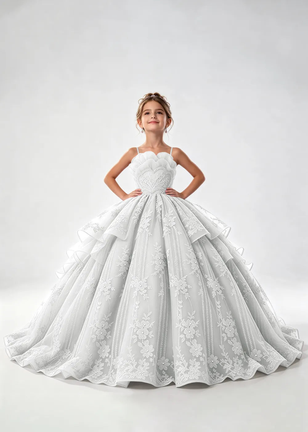 Flower girl dress in White, front view.